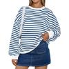 Женская мода круглый вырез полосатый длинный рукав повседневный спортивный свитер топ