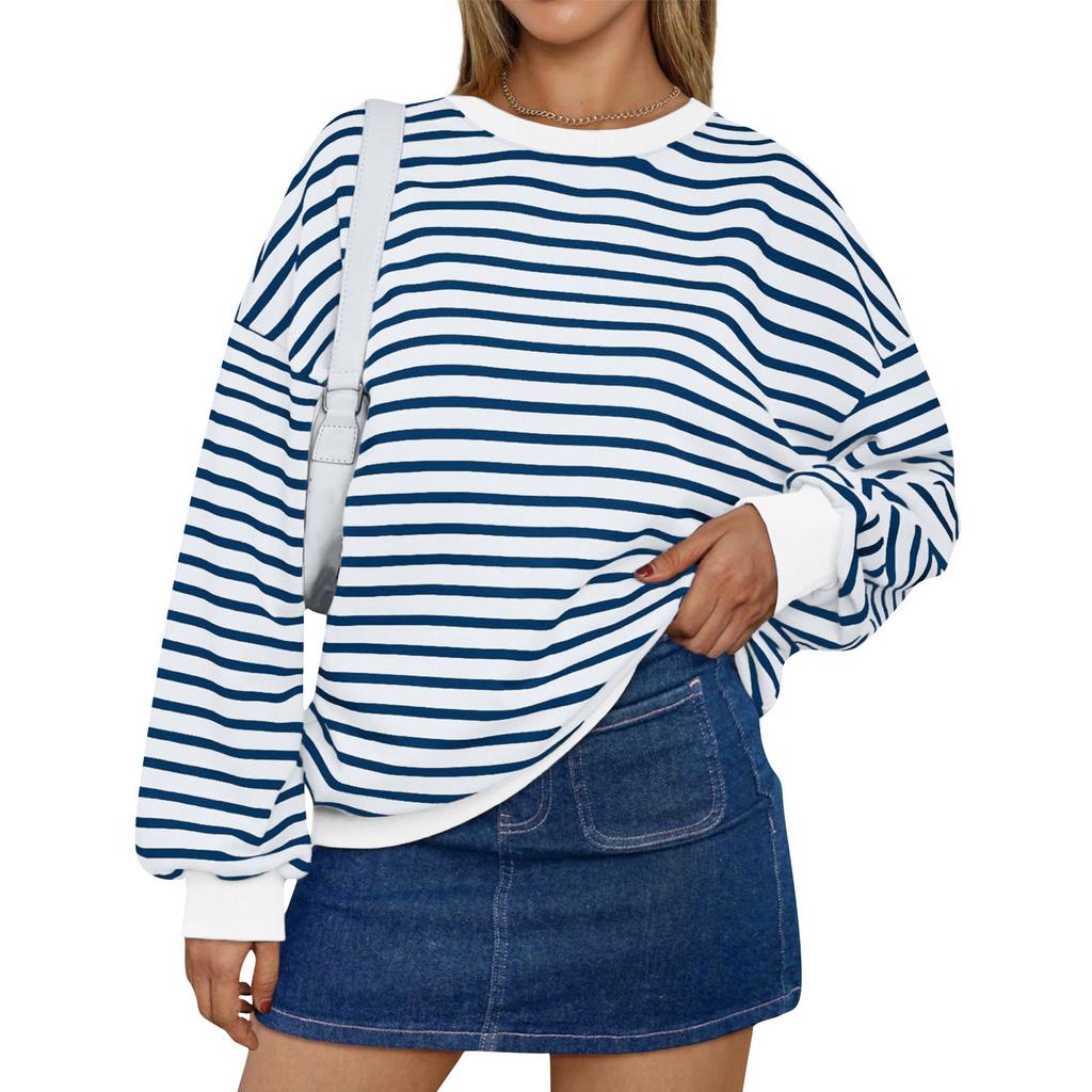 Женская мода круглый вырез полосатый длинный рукав повседневный спортивный свитер топ