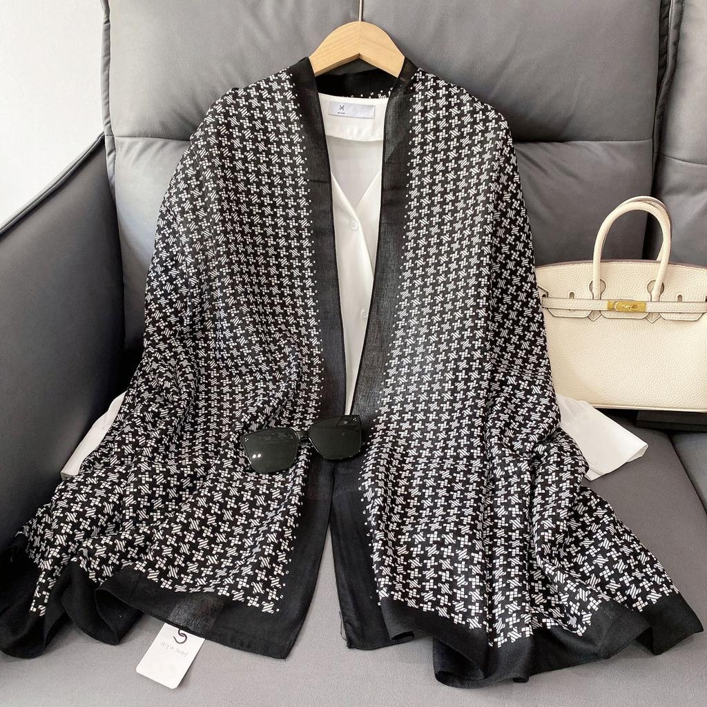 Simple and Fashionable Classic Black and White Star Plaid Cotton and Linen Feel Scarf Women's Shawl Dual-purpose Autumn and Winter Warm Thick