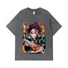 275 GSM Washed T-shirts 100% Cotton Demon Slayer V64 Tanjiro Fire Breathing Print Unisex Heavy Cotton T Shirt