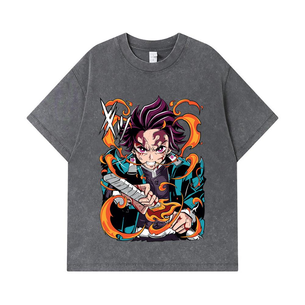 275 GSM Washed T-shirts 100% Cotton Demon Slayer V64 Tanjiro Fire Breathing Print Unisex Heavy Cotton T Shirt