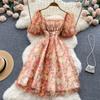 Splice Mesh Floral Print Dress Women Summer Slim Elastic Waist Square Neck Gentle Ladies Sweet Dresses