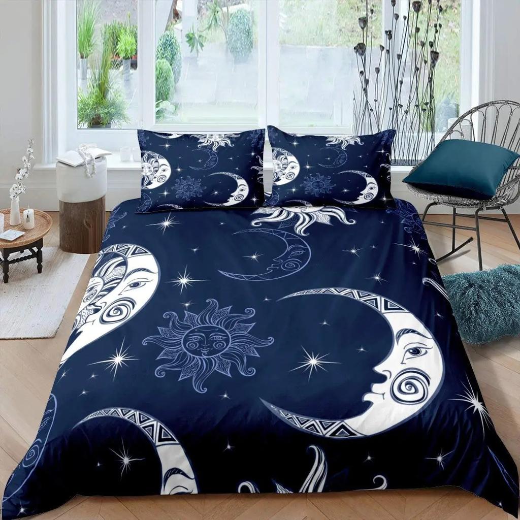 Sun Moon Duvet Cover Set Queen Microfiber Bohemian Black And White Print Yin Yang Comforter Cover Galaxy Star Twin Bedding Set