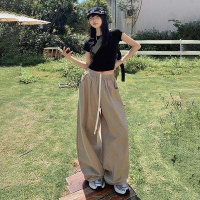 2024 Four Seasons Wear Новые ретро эластичные свободные повседневные брюки на шнурке для женщин, широкие брюки до пола с высокой талией