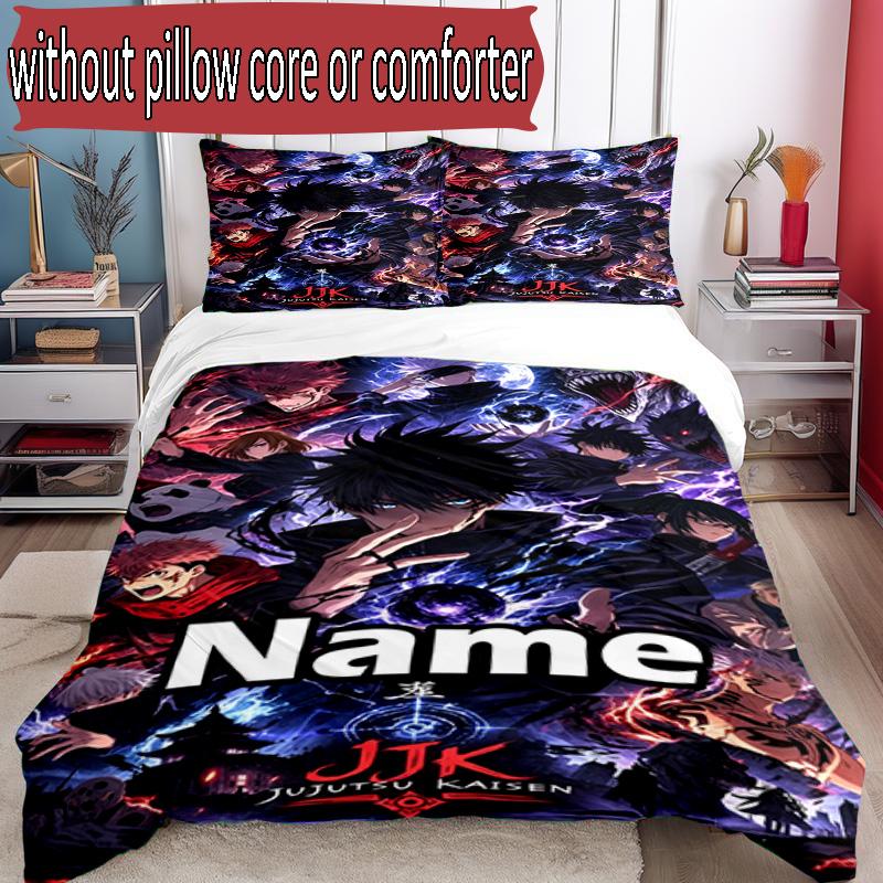 3pcs Duvet Cover Set (1*Duvet Cover + 2*Pillowcase, Without Core), Custom Name Jujutsu Kaisen Pattern Bedding Set, Home Bedroom Decor Gift