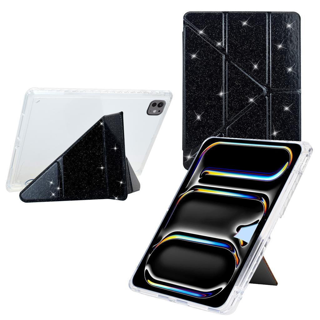For iPad Pro 13 (2024) Case Y-Fold Stand Glitter Leather TPU Acrylic Clear Tablet Cover
