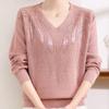 Весенне-осенний женский свитер с V-образным вырезом, свободный пуловер со стразами, вязаный топ, однотонный свитер большого размера