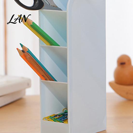 Stationery Storage Box Slanted Pen Holder with 5 Compartments, Plastic Organizer, Desk Organizer Macaron Colors Space Saving Pencil Cup for