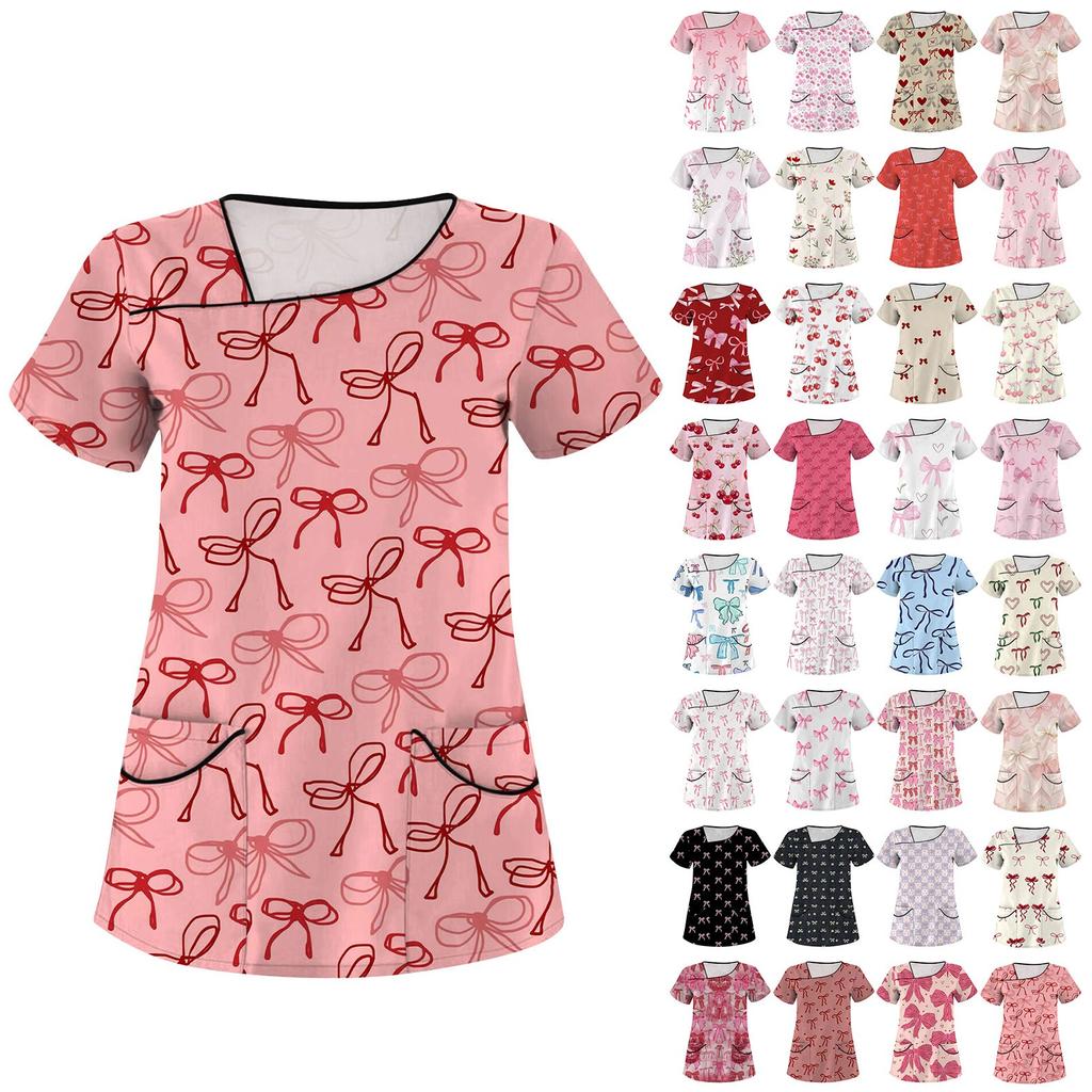 Женская мода с бантом и принтом, короткий рукав, рабочая одежда с двойными карманами