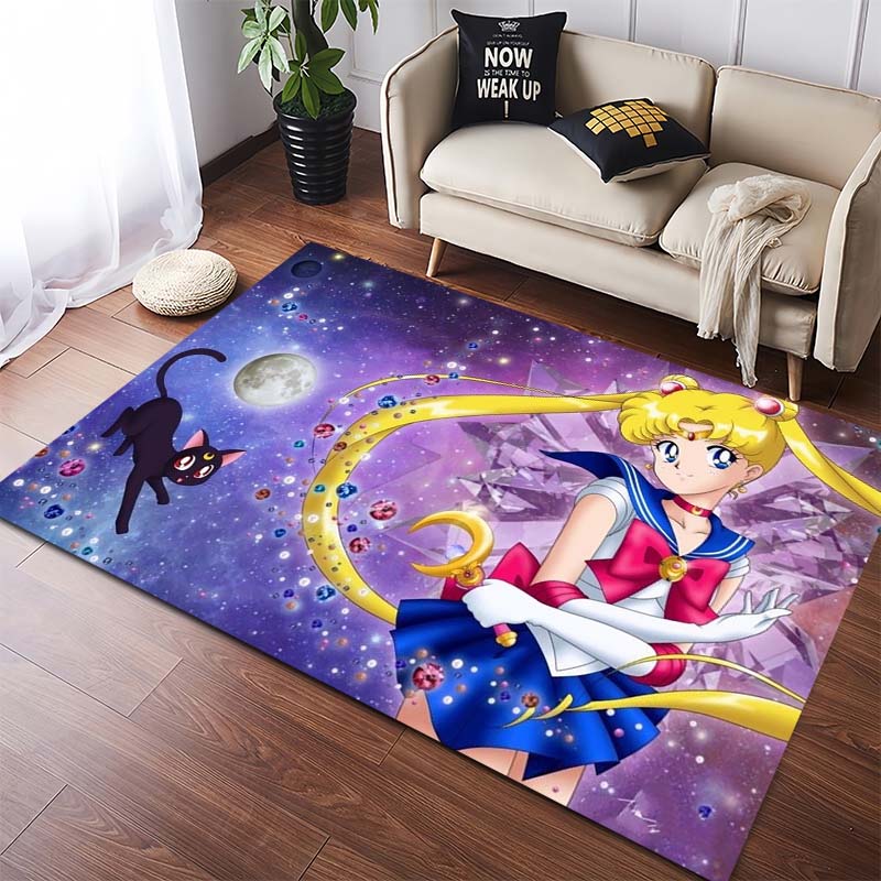 Anime Sailor Moon Stars Group Area Rug, Colorful Magical Girl Non Slip Floor Carpet