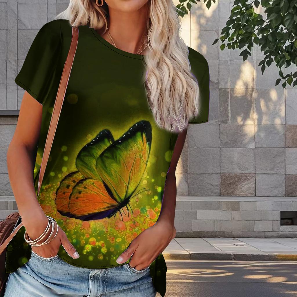 Women Summer T Shirt Butterfly Print Retro Fashion Short Sleeve Tees Casual   Printed  Tops