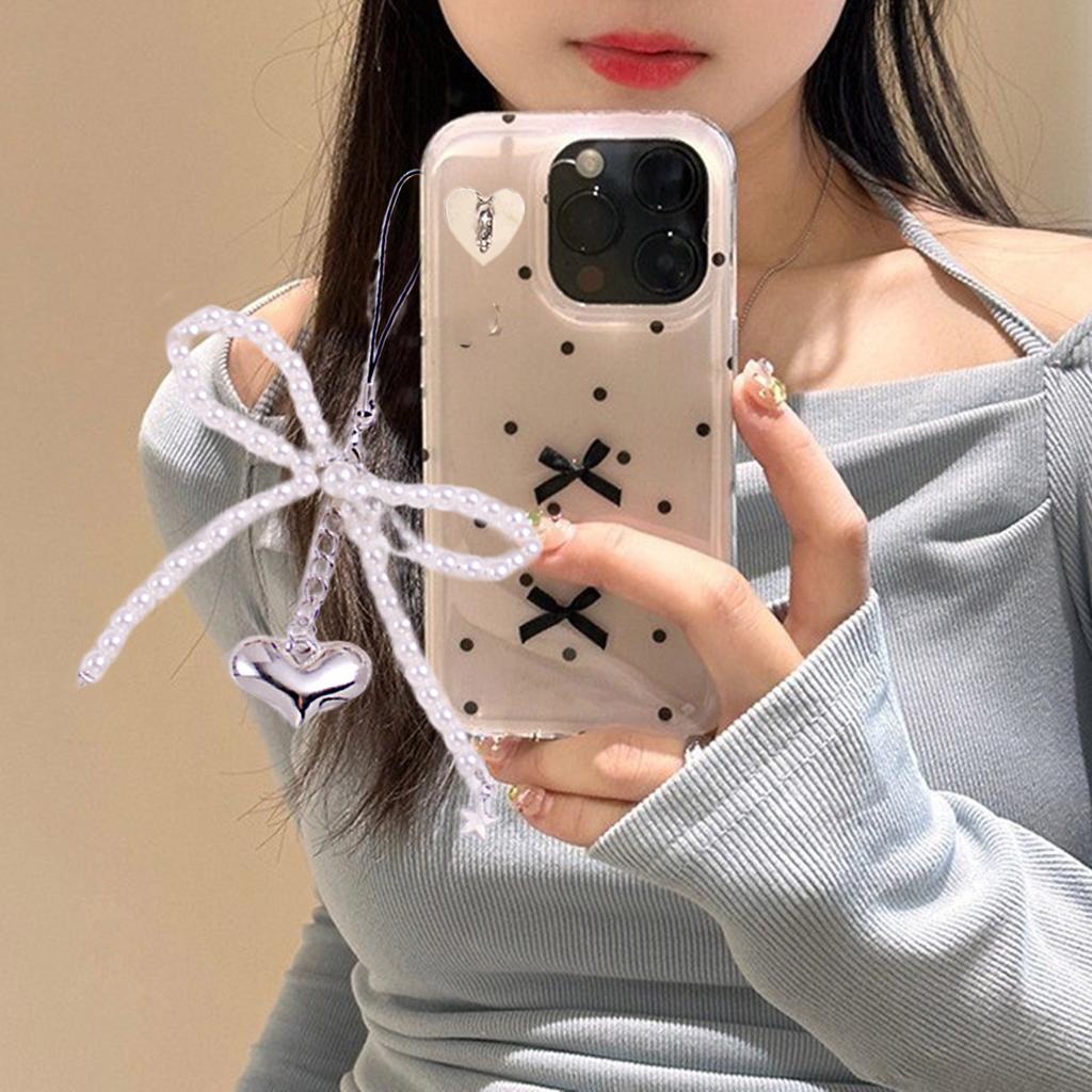 Sweet Bowknot Phone Chain Ornament Heart Beaded Cellphone Pendant Phone Lanyard Bag Charm for Fashionable Individuals