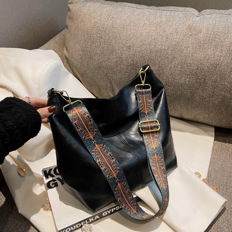 Винтажная женская сумка-тоут, модная сумка через плечо из искусственной кожи, вместительная, простая, с широким ремешком, сумка-ведро через плечо, модная