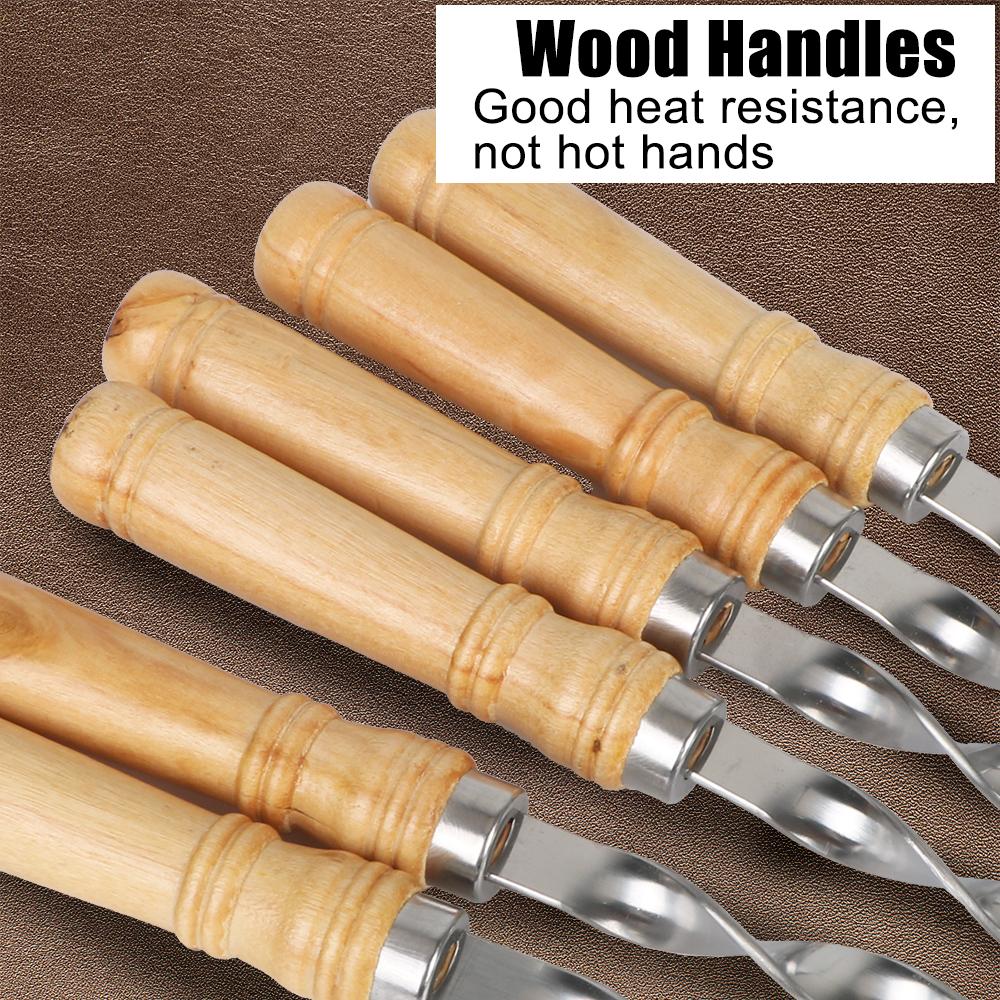 6 шт. Шампуры из нержавеющей стали Плоские Палочки для барбекю Металлические Шампуры для кебаба с Деревянной Ручкой Инструменты для уличного гриля Аксессуары для барбекю