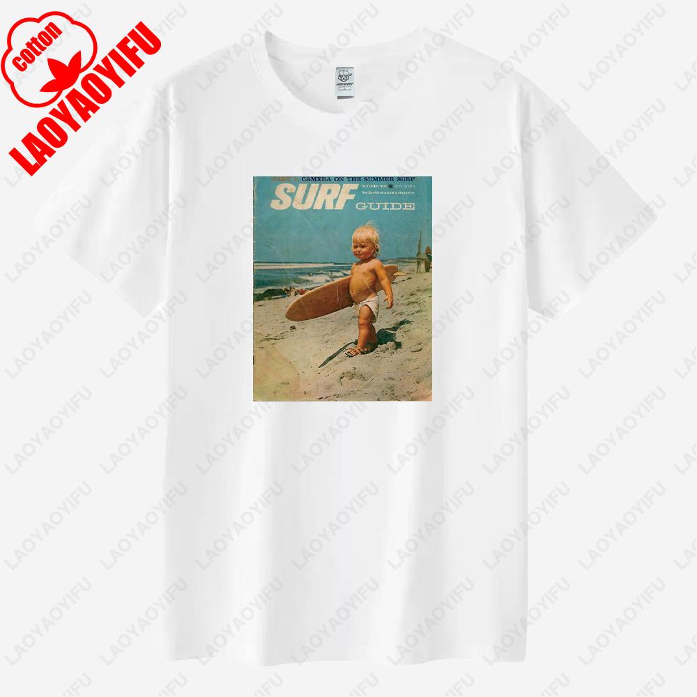 Boy Surfing Vintage Poster Graphic T Shirts Summer Unisex Holiday High Quality Cotton Tshirt Fashion Casual Funny Shortsleev