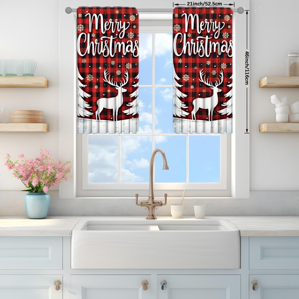 2pcs Christmas Reindee Printed Curtain for Christmas Home Decor - Rod Pocket Window Treatment for Bedroom  Office  Kitchen