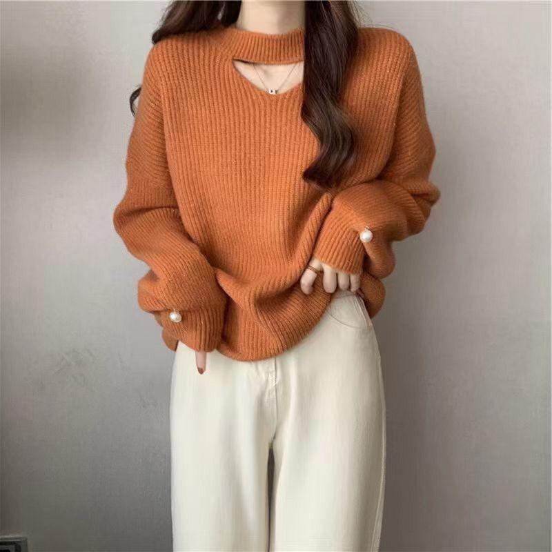 Женский вязаный свитер в западном стиле с открытой ключицей, свитер с темпераментом, корейский свитер, пуловер, женский