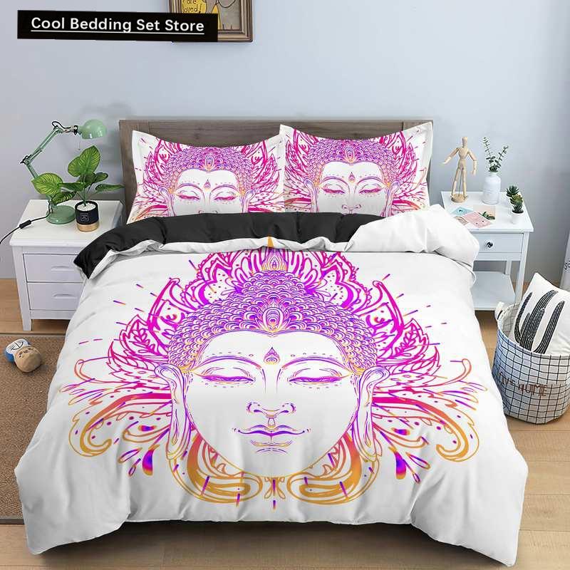 Комплект постельного белья Будда Индийская религия Буддизм Медитация Мандала Пододеяльник Улыбка Будды Цветочный мягкий пододеяльник Queen King Size
