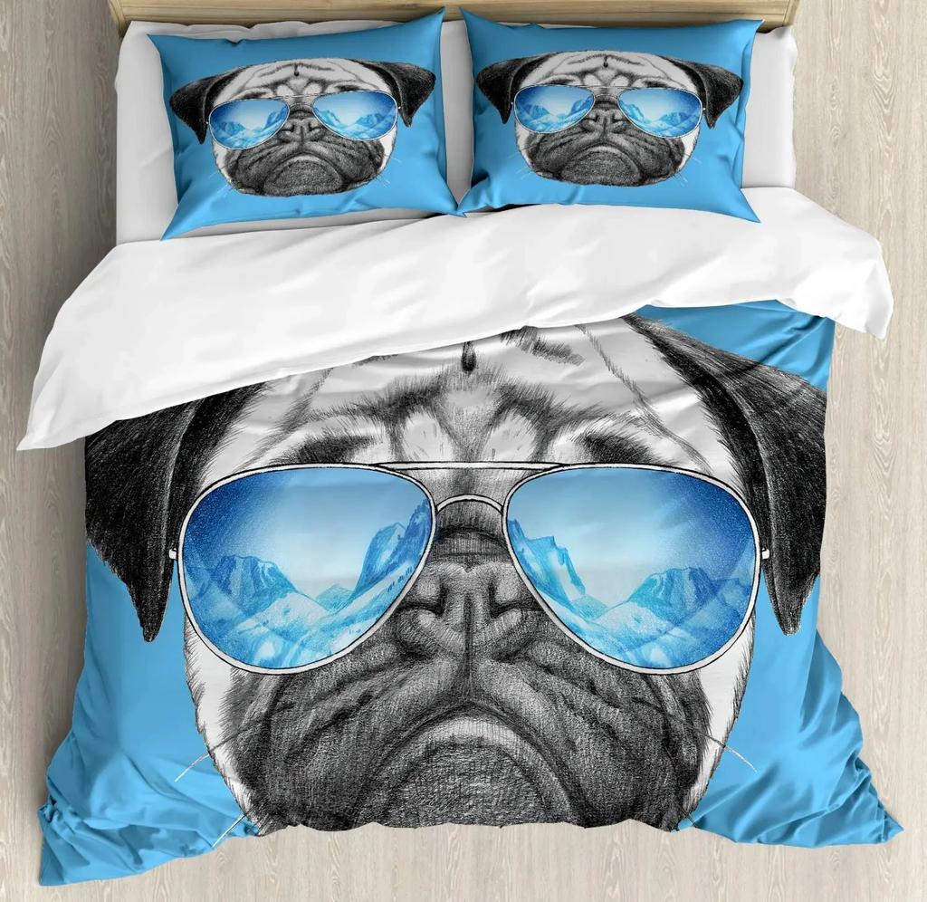 Cartoon Pug Dog Duvet Cover Set Comforter Cover Soft Bedding Set Full Size for Boys Girls Bedroom 2/3 Pieces with Pillow Shams