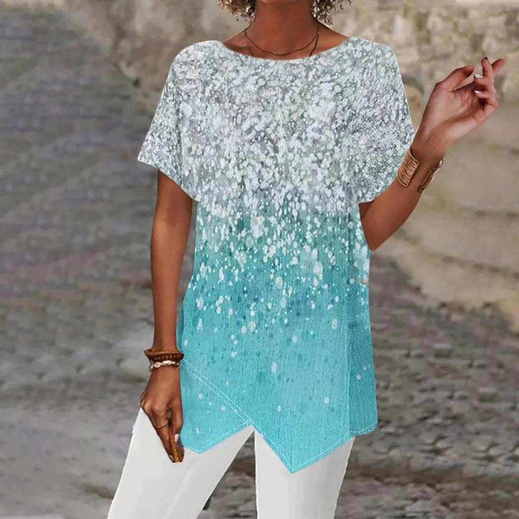 Fashion Womens Summer Geometric Print Loose Short Sleeve Irregular Hem T-Shirt