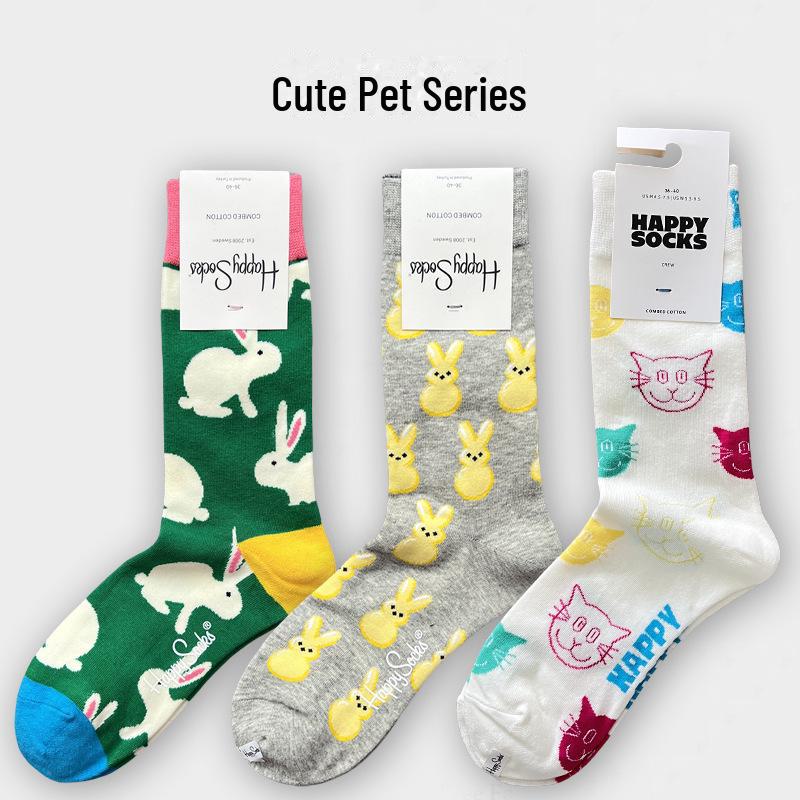 Happysocks Mid-Tube Combed Cotton Cartoon Rabbit Socks – Unisex Children's Swedish Trendy Brand, Sweat-Absorbing for Autumn/Winter.