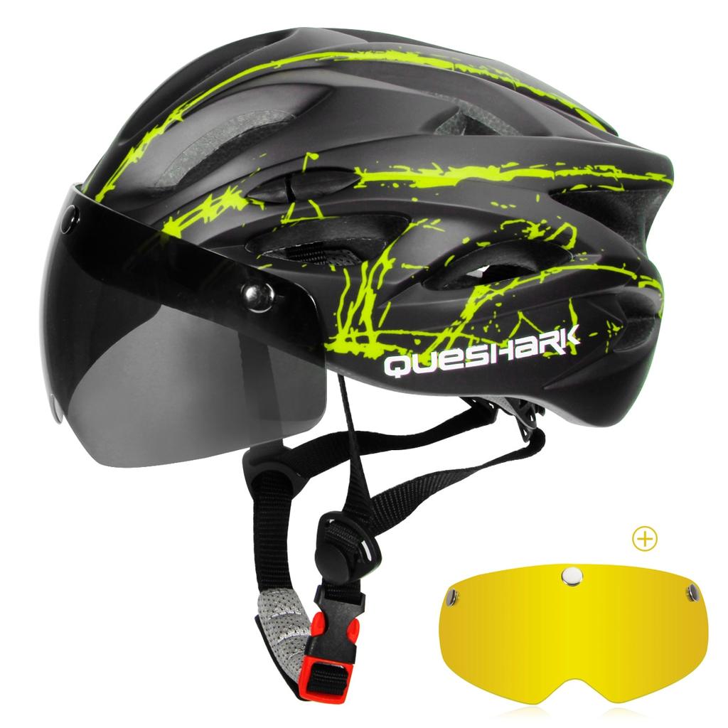 Queshark Ultralight Cycling Helmet with Goggles Bicycle Safety Cap Motorcycle Riding MTB Road Bike Helmet+Removable Yellow/Colorful Lens