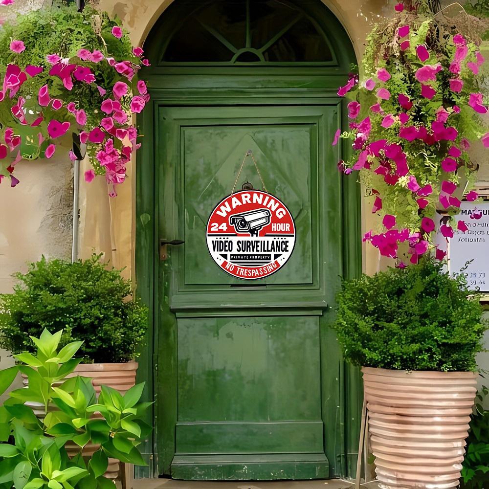 1pc Retro Circular Wooden Sign - 8x8 Inch 24-Hour Video Surveillance Warning Sign for Home Security, Durable Metal Wall Decor for Room, Bathroom, Bar