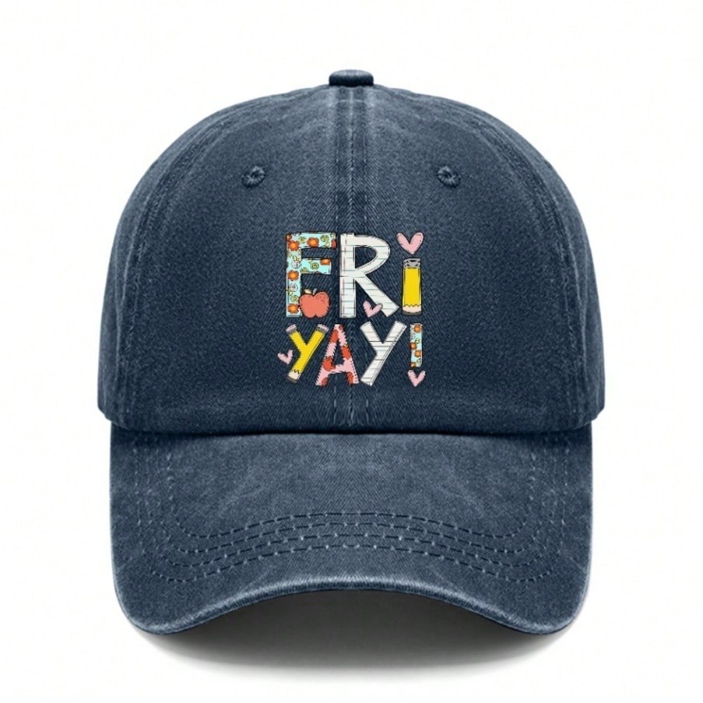 Baseball Cap Unisex \"FRiYAY!\" Print Dark Grey Washed Adjustable Curved Brim Hat Soft Fabric Casual Outdoor Sports