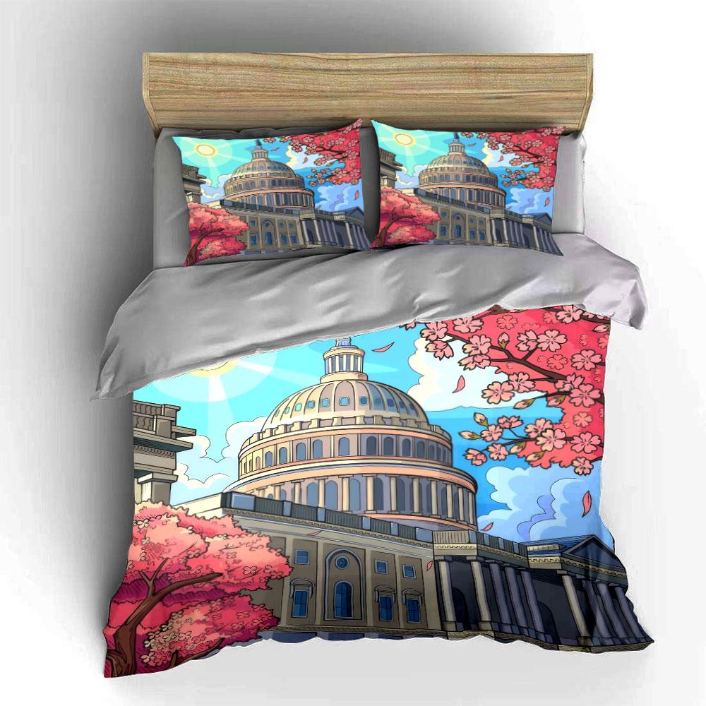 "Cherry Blossom Architecture Decor Set" Soft Skin-Friendly Bedding Set Includes 1 Duvet Cover And 2 Pillowcase, Gift