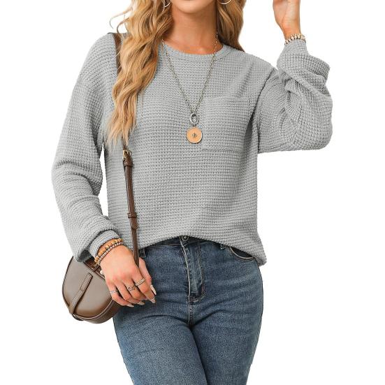 Женские топы с круглым вырезом и длинным рукавом, однотонная свободная футболка, эластичная повседневная блузка