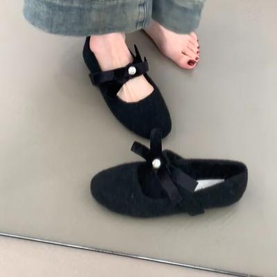 Бархатные туфли-лодочки на плоской подошве с бантом, женские плюшевые туфли-лодочки с мелким вырезом на одной педали, осенне-зимние пушистые туфли