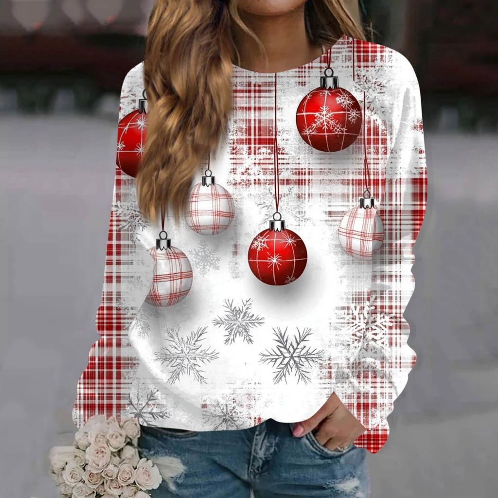 Women's Casual Fashion Christmas Print Long Sleeve Round Neck Pullover Top Blouse Sweatshirt