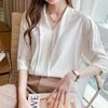 Summer Temperament V-neck Five Quarter Sleeved Chiffon Shirt for Women's Fashion with a Slim Front a Black Top Small Shirt