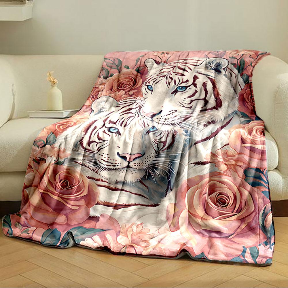 White Tigers with Roses for all seasons blanket lunch break throw gift