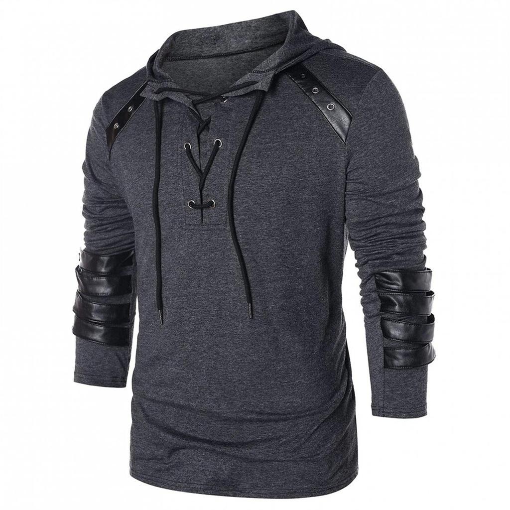 Осень и зима с капюшоном мужская кожаная повседневная индивидуальная модная толстовка с капюшоном в стиле пэчворк для мужчин с капюшоном на ремне
