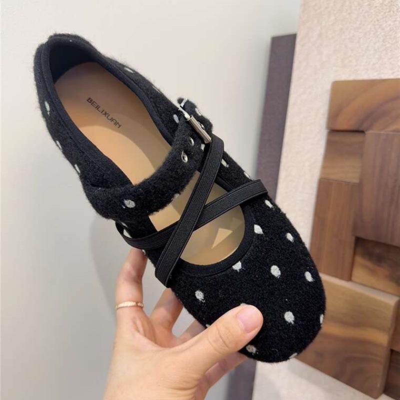 Autumn sweet wind non-slip bow ballet single shoes polka dot cross strap Mary Jane shoes