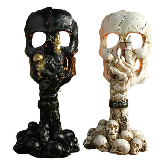 Подсвечник в виде черепа на Хэллоуин, готический, без слов, черно-белый, из смолы, со скелетом