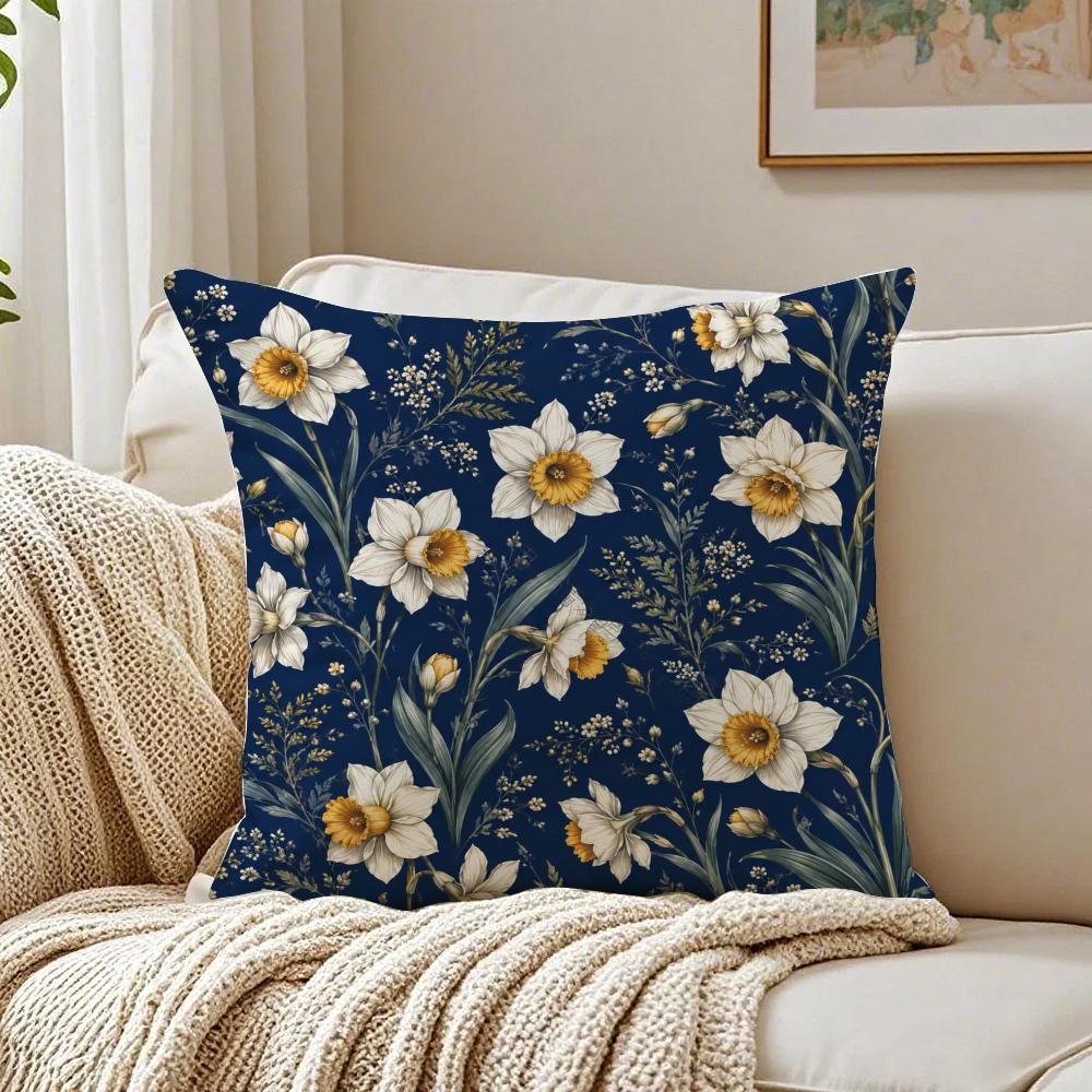 Vintage Dark Blue Floral Design Pillow Case Organic Short Plush Cushion Covers Breathable Washable WrinkleResistant