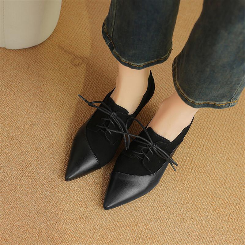 Fashion New Spring Autumn Genuine Leather Lace High Heels Women Pointed Toe Shoes for Women Comfort Women Pumps Zaptos Mujer Black Brown