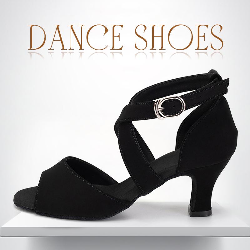 Black Leather Women Girls Latin Dance Shoes Cross Strap Salsa Tango Ballroom Dancing Shoes Heel 6.5cm Indoor