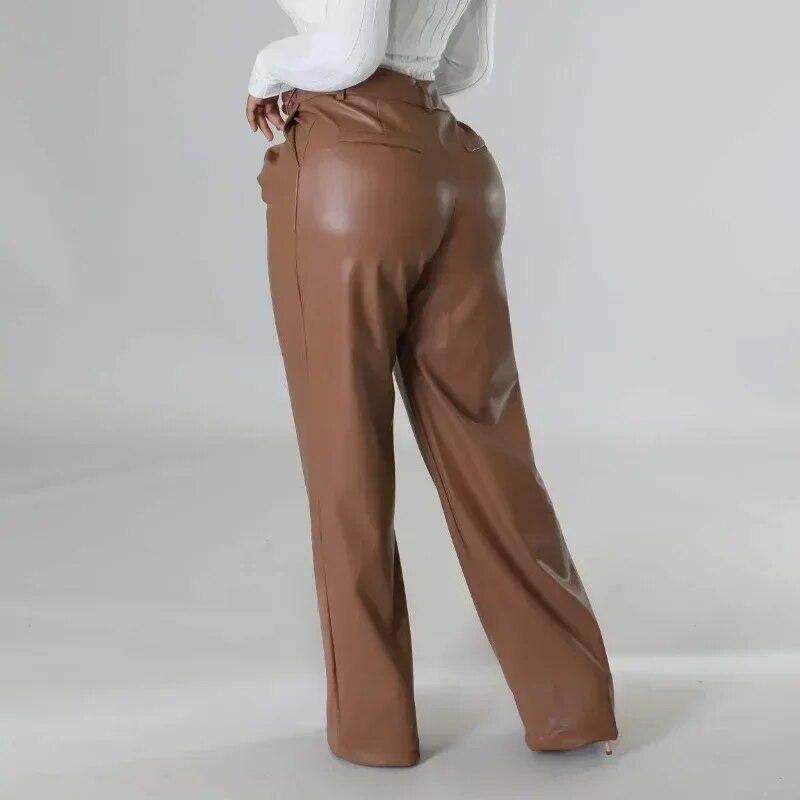 2023 Fashion Women PU Pants Autumn And Winter Casual Vinage Pocket Trousers Loose Wide Leg Leather Pants Elegant Pantalon 30033