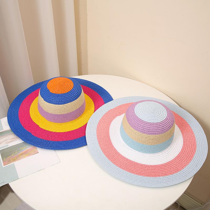 Радужные полосатые большие солнцезащитные шляпы, модная соломенная шляпа с цветными блоками, складная дорожная пляжная шляпа для женщин и девочек, летняя уличная