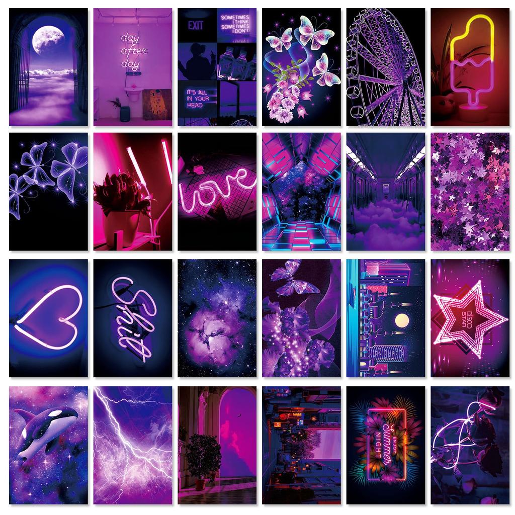 50pcs Purple Neon Images Wall Kit Dorm Decor For Teens Girls Wall Art Posters