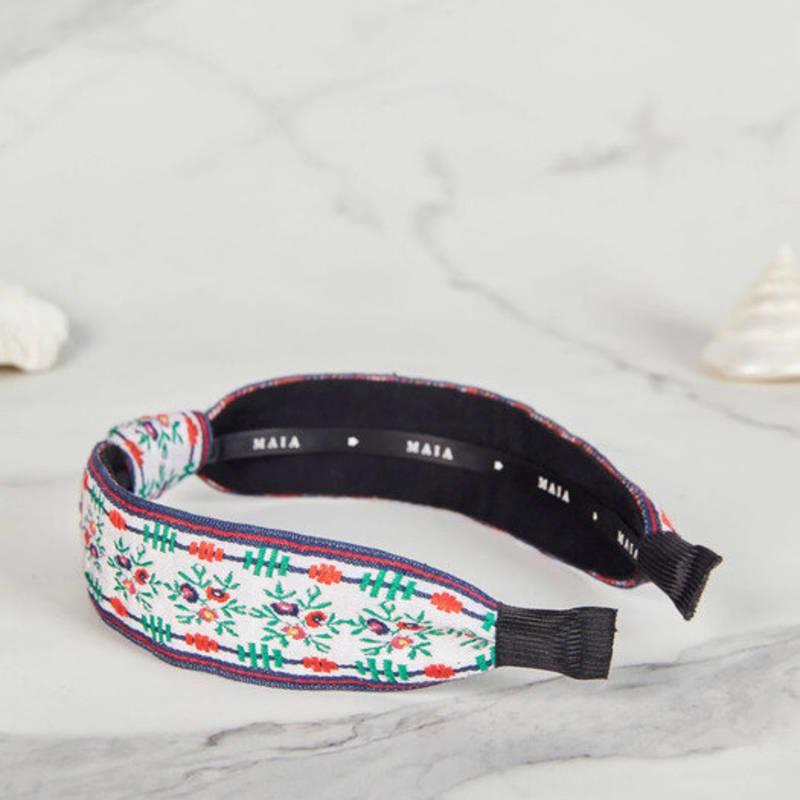 MAIA Зеленая жаккардовая повязка для волос с цветочным узором - Завязанная бело-зеленая