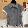 Women Lapel Neck Lace Patchwork Plaid Side Drawstring Casual Blouse