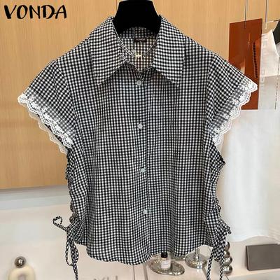 Женская блузка кэжуал с лацканами, кружевной вставкой пэчворк, клеткой, боковой кулиской