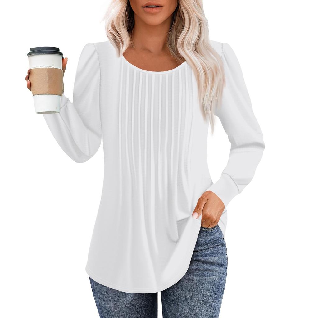 Long Sleeve Shirts For Women Tops Dressy Casual Blouses Pleated Scooped Neck Tunic Tops