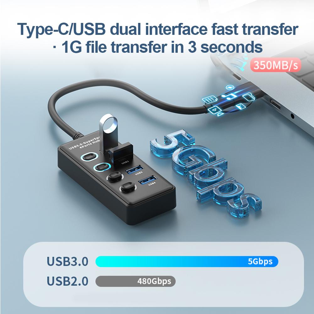 KEBIDUMEI USB-хаб на 7 портов USB 3.0, разветвитель 5 Гбит/с с индивидуальными переключателями, адаптер питания для ноутбука, расширитель USB-портов, USB-C док-станция