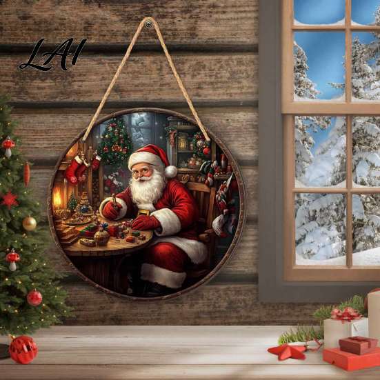 Retro Festive Home Decor Christmas Wooden Round Hanging Sign Santa Claus Highland Cow Winter Theme Rustic Wall Door Decor Farmhouse Holiday Welcome