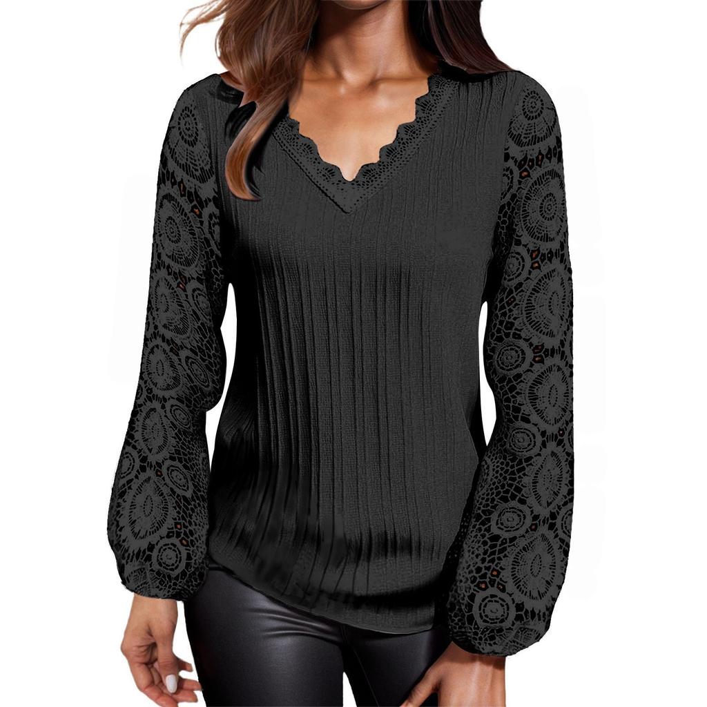 Женская свободная повседневная футболка с v-образным вырезом и кружевом в стиле пэчворк с длинными рукавами